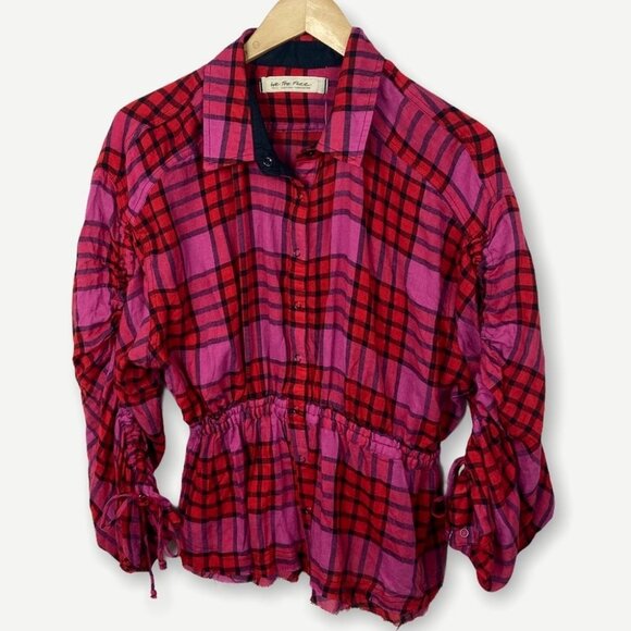 NWT Free People Pacific Dawn Plaid Shirt Drawstring Size Small Pink Red Bohemian - Picture 4 of 13